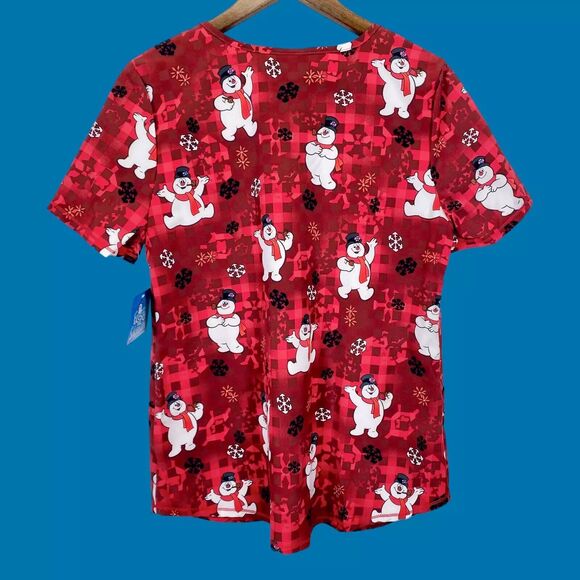 Frosty The Snowman Womens Scrub Top S Red Christmas Pediatrics Nurse Uniform NEW - Picture 2 of 9